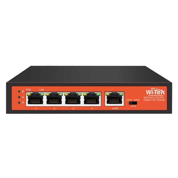Wi-Tek WI-PE51G Plug n' Play Gigabit PoE-Powered PoE Extender / Splitter Switch -> 1x PoE Input -> 4x PoE Outputs -> Supports Extend Mode for Long Distance
