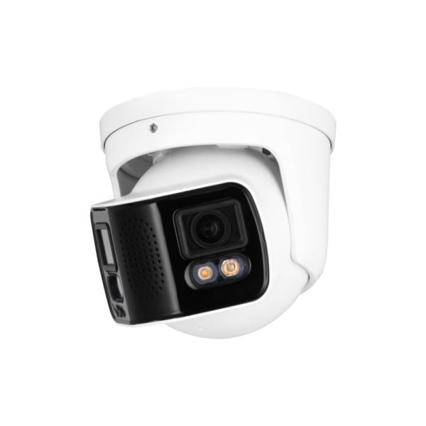 D-Tech DH-IPC-PDW5849-A180-E2-ASTE WizMind AI SMD 3.0 H265 4K 8MP (2x 4MP) PoE IP Full-Color (40m White Light) Duo Splicing 140dB Ultra-WDR 180° Ultra-Wide-Angle Weatherproof Eyeball Turret Network Camera - 2-Way Audio - Built-In Mic + Speaker