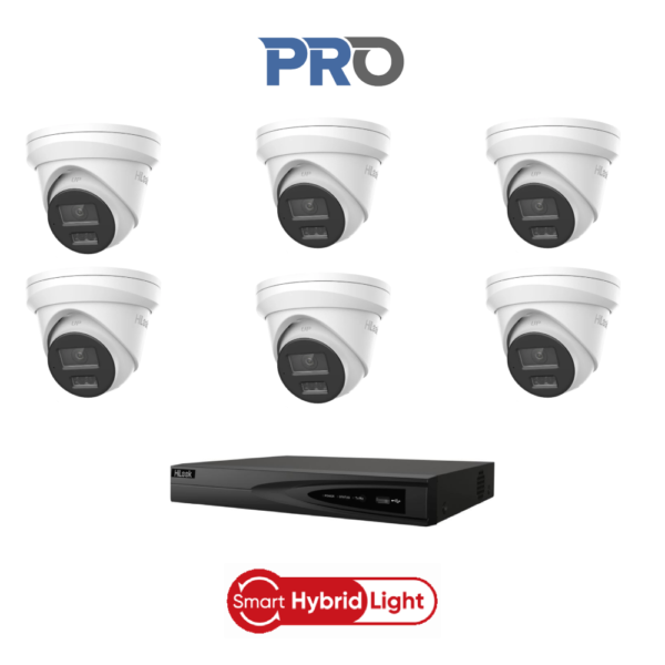 HiLook HL6MPPROIPCCTVKIT4 6MP Pro IP CCTV Kit with -> 1 * NVR-108MH-K/8P AI NVR (without HDD) + 6 * IPC-T363H-MU-2.8MM 6MP Smart-Hybrid-Light Pro IP Turret Cameras