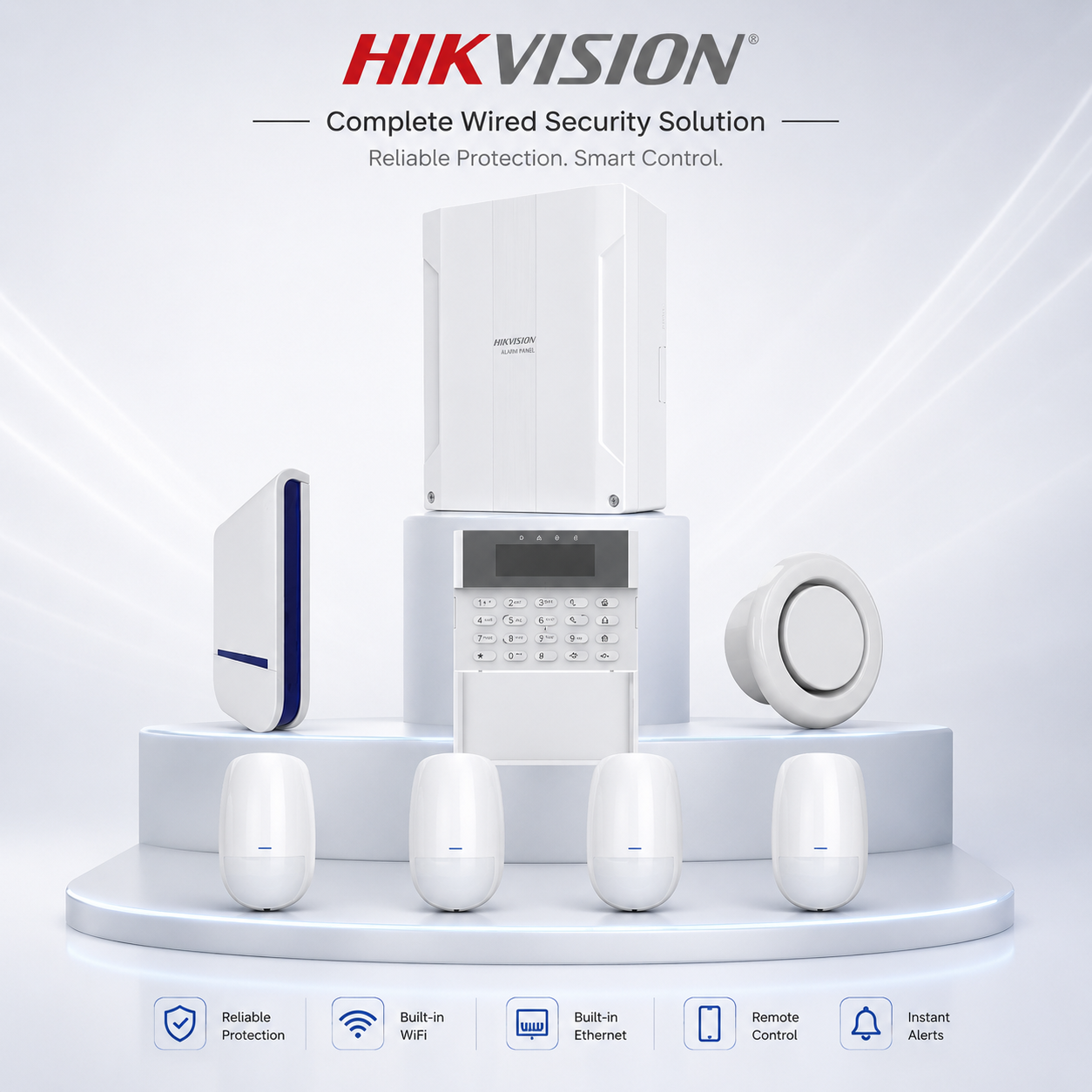 Hikvision AX-Hybrid-Pro-Alarm-KIT-2 -> Wired Security Intrusion Alarm Kit -> Includes -> 1 * DS-PHA64-LP Hybrid IP Wired Alarm Panel + 1* DS-PK1-LRT-HWB Wired Keypad + 4* DS-PDP18-EG2 Wired PIRs + 1* EC-Siren Wired External Strobe Siren + 1* PS209-R Wired Indoor Siren