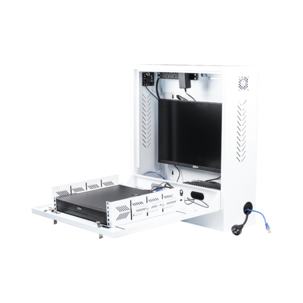 Datatek SECCAB Dual-Lock Security Cabinet with 5 Outlet PDU & 2x Cooling Fans - Supports up to 24 Inch Monitor & 2RU Equipment - Weight Cap up to 30Kgs, PDU Included, 2x Keys Included - Wall Mount - White Colour