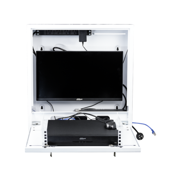 Datatek SECCAB Dual-Lock Security Cabinet with 5 Outlet PDU & 2x Cooling Fans - Supports up to 24 Inch Monitor & 2RU Equipment - Weight Cap up to 30Kgs, PDU Included, 2x Keys Included - Wall Mount - White Colour