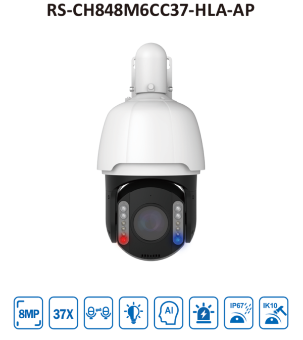 Raysharp RS-CH848M6CC37-HLA-AP Pro Series AI H265 4K 8MP PoE+ IP Smart-Dual-Light (200m IR + 30m White-Light) 120dB True-WDR Auto-Tracking Weatherproof PTZ (Pan Tilt Zoom) Camera with 37x Optical Zoom Lens - Active-Deterrence Features - Strobe + Siren + 2-Way Audio (Mic + Speaker)- Includes a Wall-Mount Bracket