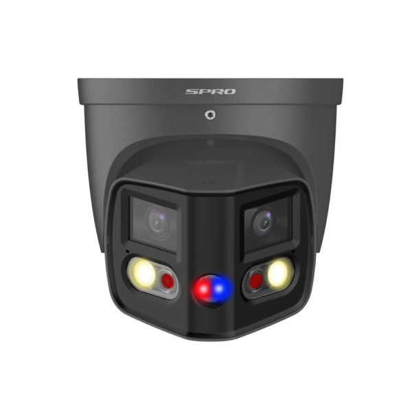 SPRO DHIPD40-LR-DUO-D-G SMD AI (Artificial Intelligence) TiOC Duo Active-Deterrence H265 4K 8MP (2* 4MP) PoE IP Dual-Illumination (25m IR + 20m Warm-White-Light) 120dB True-WDR Low-Light Weatherproof 180° Ultra-Wide-Angle Turret Camera - Dark Grey Colour - Built-in Mic + Speaker + Strobe + Siren