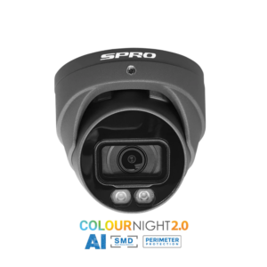 SPRO DHIPD60/28LRG-M SMD AI H265 6MP PoE IP Smart-Dual-Light (30m IR + 30m White-Light) Full-Color 120dB True-WDR Weatherproof Eyeball Network Turret Camera with 2.8mm Fixed Lens - Dark Grey Colour - Built-in Audio Mic