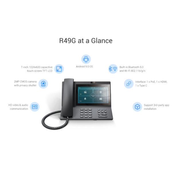 Akuvox R49G PoE IP Android Desktop Intercom Desktop Phone with Handset - 7" (7-Inch) Touchscreen - Built-in 2MP Camera - Supports Third-Party Apps - Built-in WiFi + Bluetooth