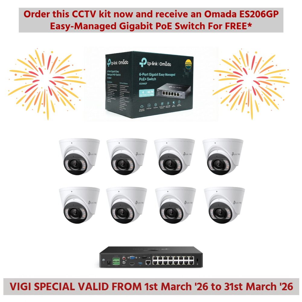 TP-Link VIGI InSight VIGIPROAIO5MPIPCCTVKIT4 - Includes 1 * VIGI NVR2016H-16MP (Without HDD) + 8 * VIGI InSight S455 5MP Active-Deterrence AI Smart-Dual-Light Turret Cameras with 2-Way Audio