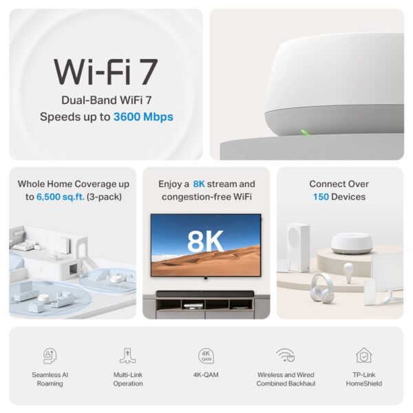 TP-Link Deco BE22-1-Pack (BE3600) Dual-Band WiFi7 Mesh Wireless Access Point System - 1 Pack - Up to 3.6Gbps Speed - Dual-Band (5GHz + 2.4GHz)