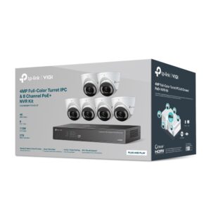 TP-Link VIGI NK8MP-T6425-2T Boxed CCTV Kit - Includes 1 * 8CH 8x PoE NVR with 2TB HDD + 6 * 4MP Smart-Dual-Light Full-Colour Active-Deterrence 2-Way Audio Weatherproof Eyeball Turret Cameras