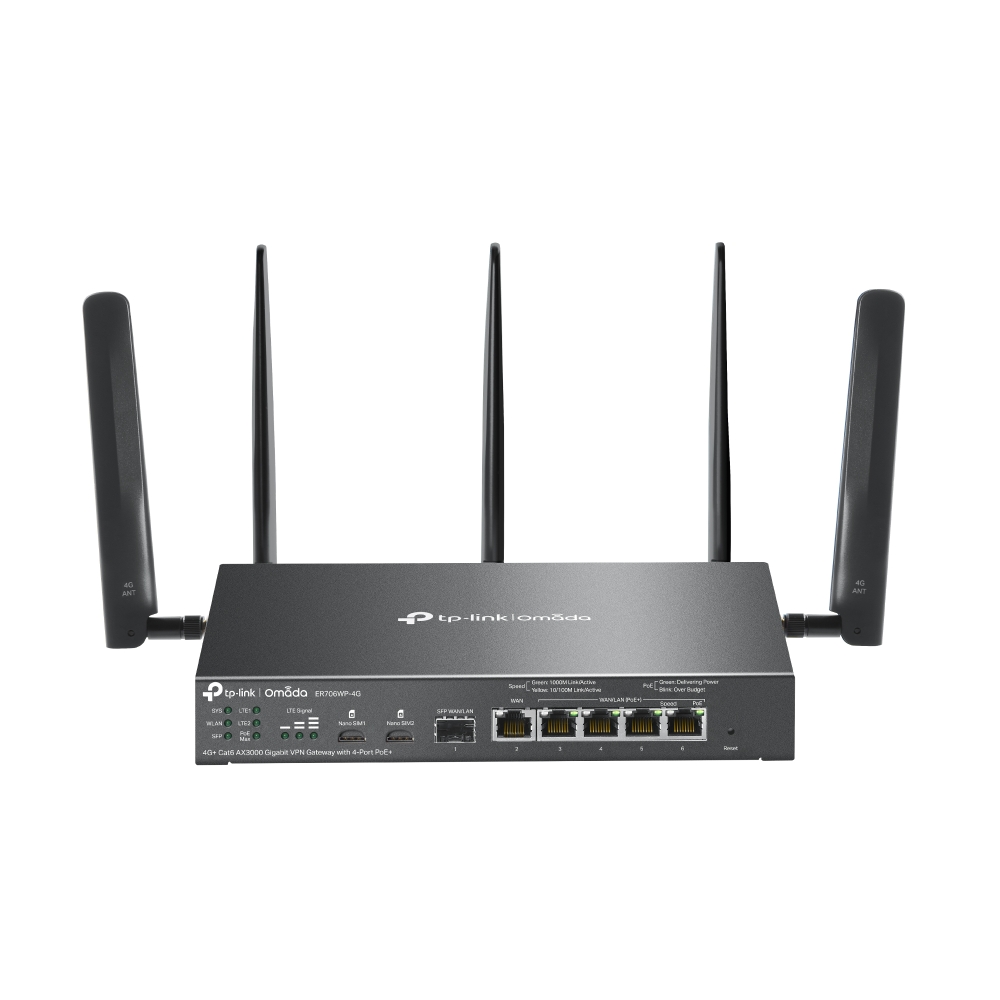 TP-Link Omada ER706WP-4G 4G+ Ac3000 Gigabit Wireless VPN Gateway / Router with 4 * PoE Ports - Supports 4G/LTE - 3Gbps Dual-Band WiFi - Centralized Management - All Gigabit Ports - Supports VLAN - Omada App