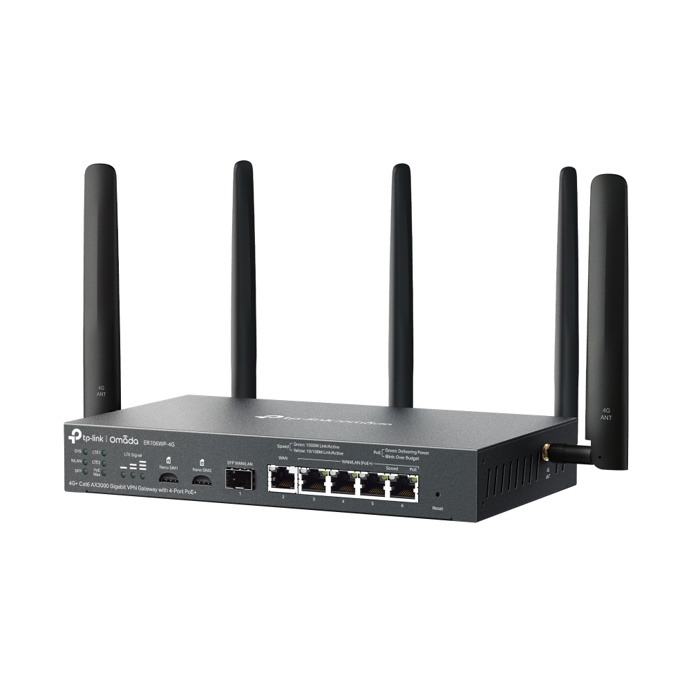 TP-Link Omada ER706WP-4G 4G+ Ac3000 Gigabit Wireless VPN Gateway / Router with 4 * PoE Ports - Supports 4G/LTE - 3Gbps Dual-Band WiFi - Centralized Management - All Gigabit Ports - Supports VLAN - Omada App