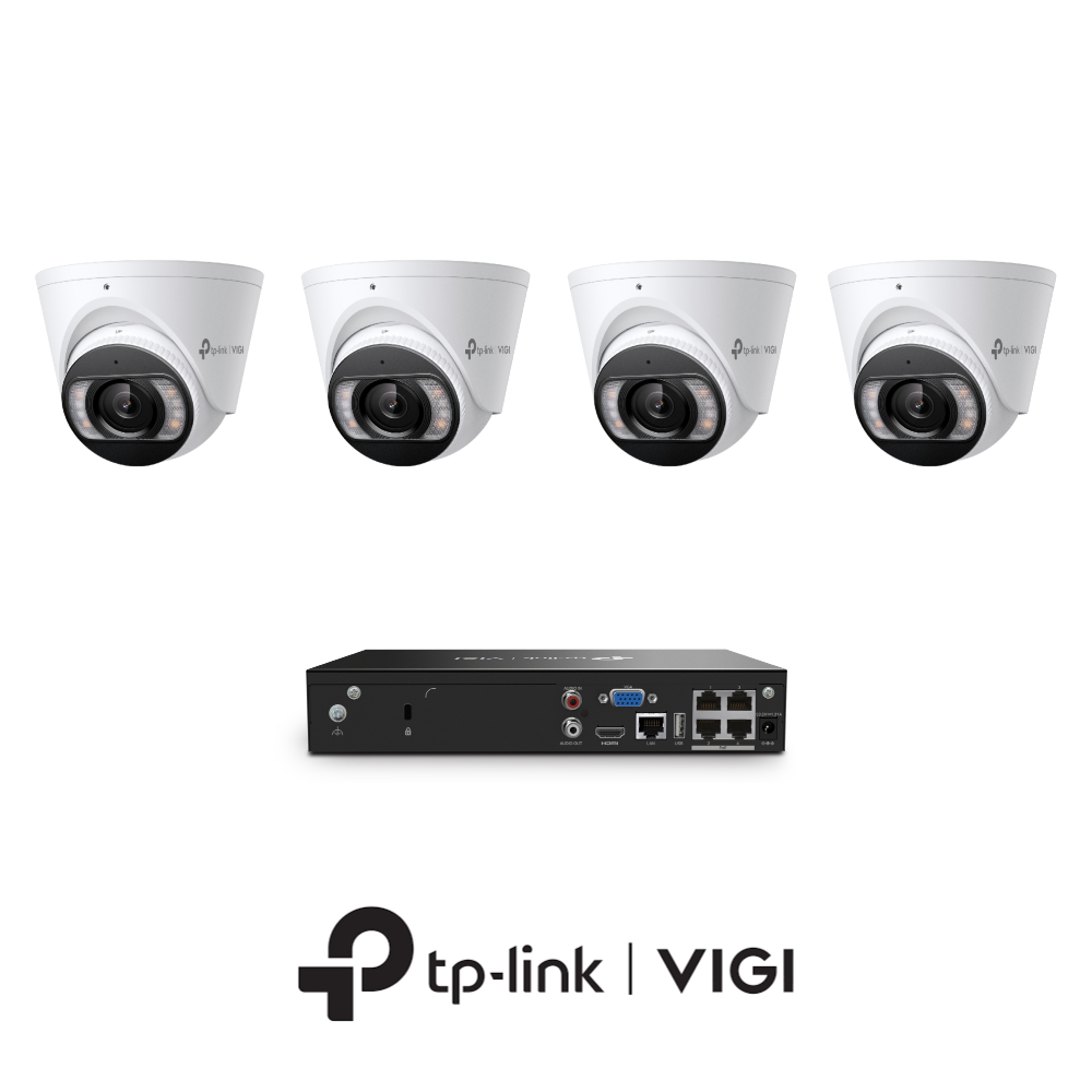 TP-Link VIGI InSight VIGIPROAIO8MPIPCCTVKIT2 - Includes 1 * VIGI NVR1004H-4P (Without HDD) + 4 * VIGI InSight S485 4K 8MP Active-Deterrence AI Smart-Dual-Light Turret Cameras with 2-Way Audio