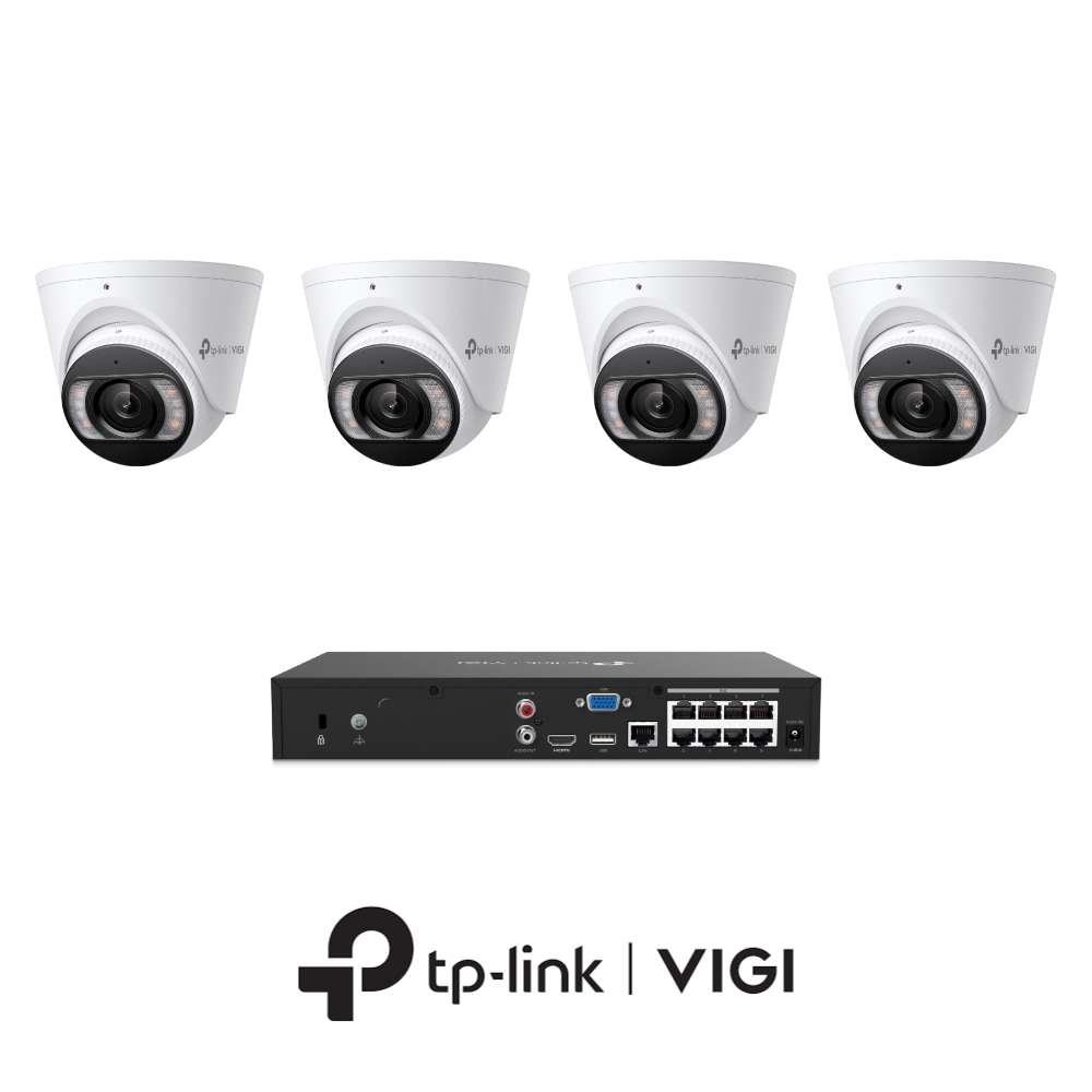TP-Link VIGI InSight VIGIPROAIO8MPIPCCTVKIT3 - Includes 1 * VIGI NVR1008H-8MP (Without HDD) + 4 * VIGI InSight S485 4K 8MP Active-Deterrence AI Smart-Dual-Light Turret Cameras with 2-Way Audio