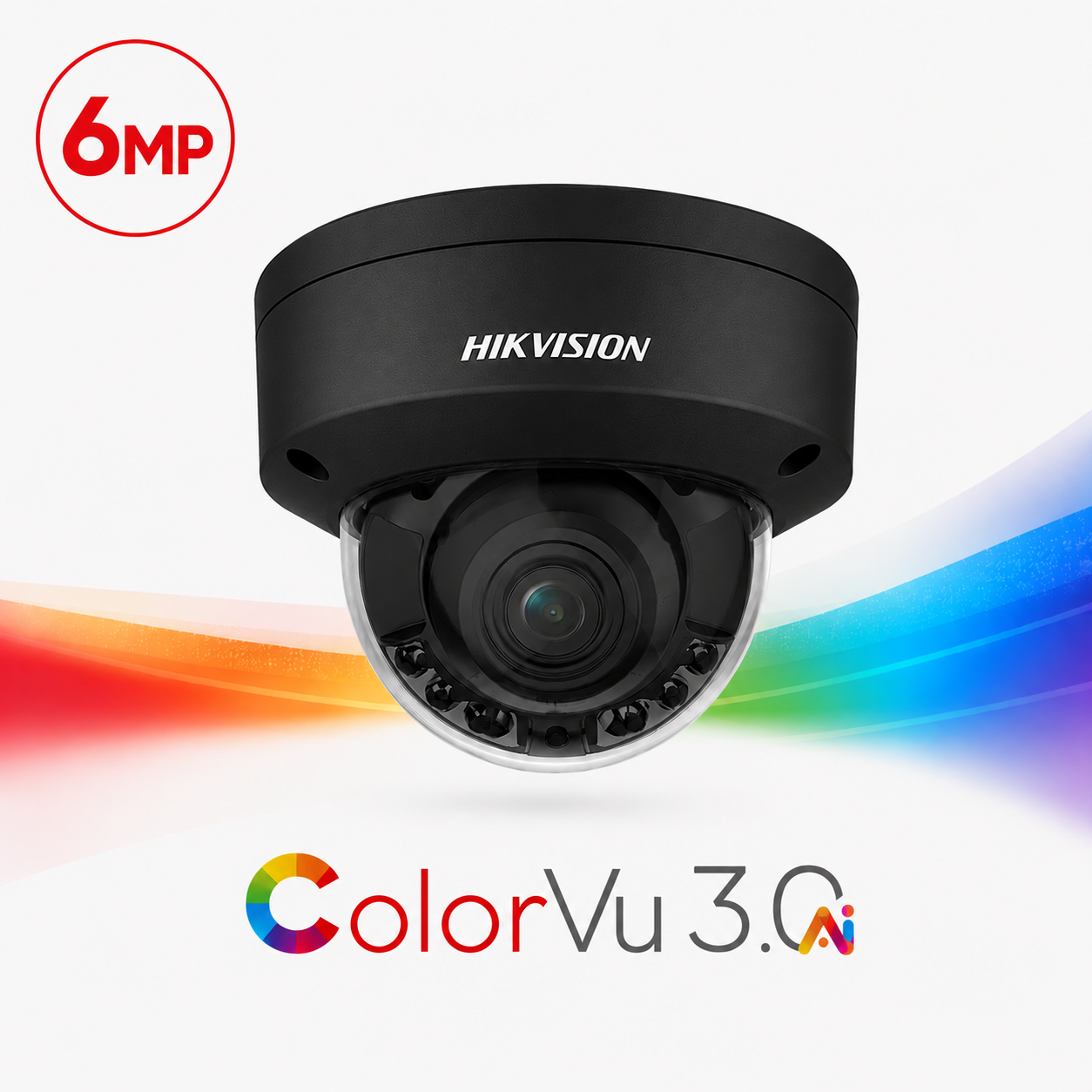 Hikvision DS-2CD2167G3-LIS2UY-BLK ColorVu 3.0 AcuSense 3.0 Deep-Learning AI (Artificial Intelligence) 6MP PoE IP Smart Hybrid Light (30m IR + 30m White-Light) 130dB True-WDR Weatherproof Vandalproof BLACK Dome Camera with 2.8mm Fixed Lens - Built-in Audio Mic - 108.8° Horizontal Field of View
