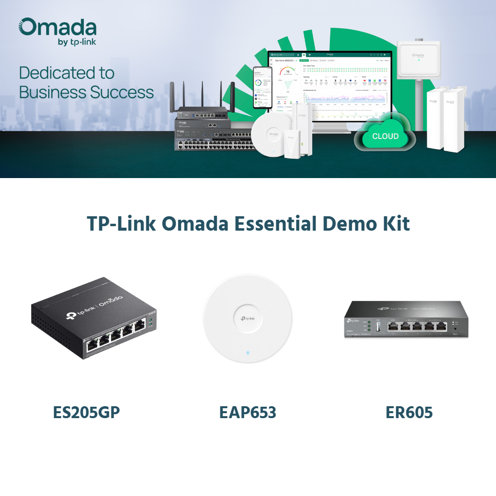 TP-Link Omada Essential Demo Kit - Includes 1 * ES205GP PoE Switch + 1 * EAP653 Ceiling-Mount WAP + 1 * ER605 Gigabit VPN Router
