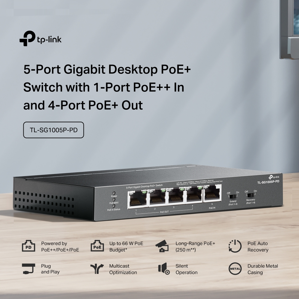 TP-Link TL-SG1005P-PD Gigabit PoE-Powered Unmanaged Network PoE Switch With 1 * PoE++ Input Port + 4 * 10/100/1000Mbps PoE Output Ports - Up To 66W PoE Power Output