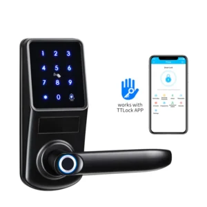 iSecure A290-TT-BLE-SL-BN Battery-Powered Smart-Lock - Simple Latch - Access by TTLock App, Fingerprint, Keypad, Mifare - Black Colour - Suitable for Door Thickness 38~55mm