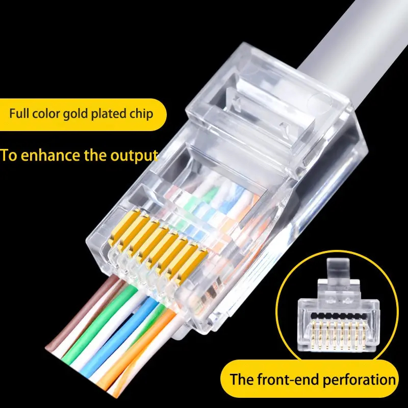 iSecure ICL-RJ45CAT6PSPLUGS-50 - 1-Piece CAT6 Passthrough RJ45 Plugs / Connectors - Gold Plated Contacts - Bag of 50 Plugs / Connectors