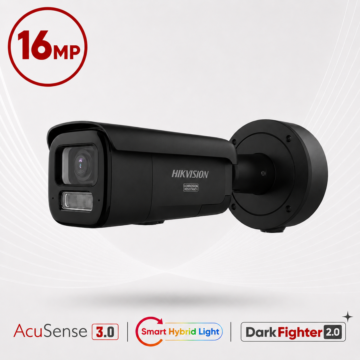 Hikvision DS-2CD36167G3-LIZSUY/SL-BLK Ultra-series Active-Deterrence Deep-Learning AI (Artificial Intelligence) Ultra-HD 16MP PoE IP Smart Hybrid Light (60m IR + 60m White-Light) 130dB AWDR Weatherproof BLACK Bullet Camera with 2.7~13.5mm Motorized Zoom Lens - Built-in Audio Mic + Speaker + Strobe + Siren - NEMA4X Anti-corrosion Coating
