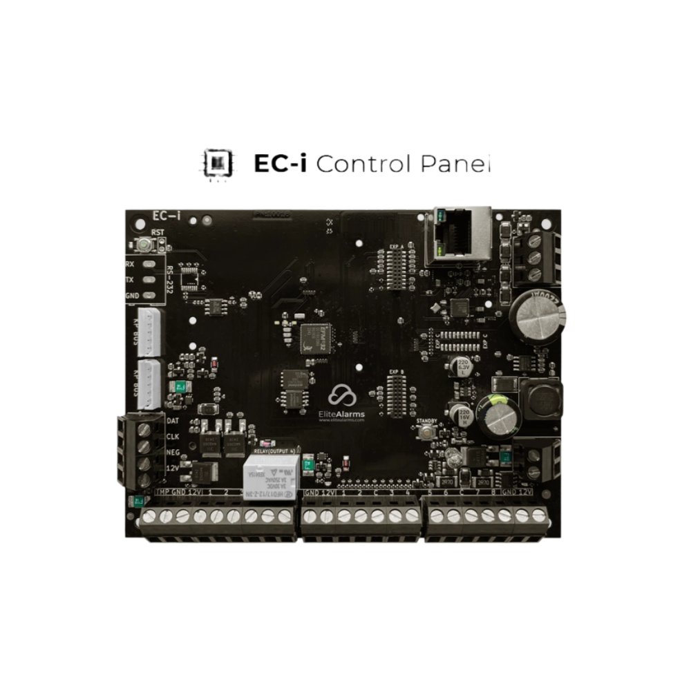 Elite Alarms EC-i 8 Zone Alarm Control Panel PCB - With On-Board Ethernet IP Module - Supports 8 * Inputs & 4 * Outputs - Includes Resistors & Battery Leads, Expandable Up To 248 Zones