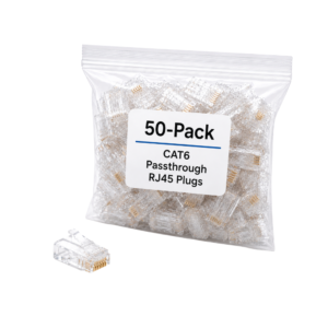 iSecure ICL-RJ45CAT6PTPLUGS-50 - 1-Piece CAT6 Passthrough RJ45 Plugs / Connectors - Gold Plated Contacts - Bag of 50 Plugs / Connectors