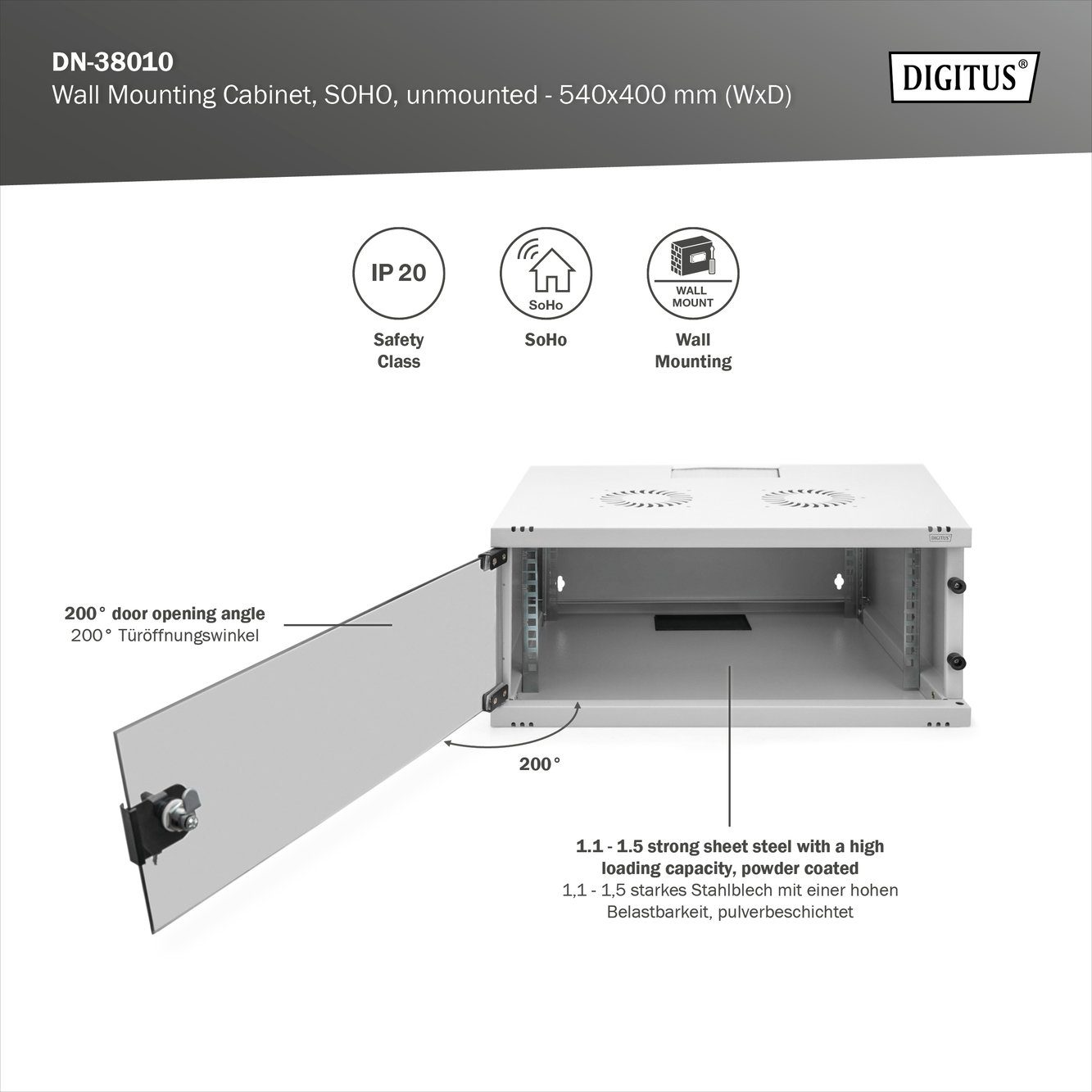 Digitus DN-38010 4U 19" Wall-Mount Server / Data / Network Cabinet - White - Flat-Pack Supply - Dimensions: 241mm (H) x 540mm (W) x 400mm (D)