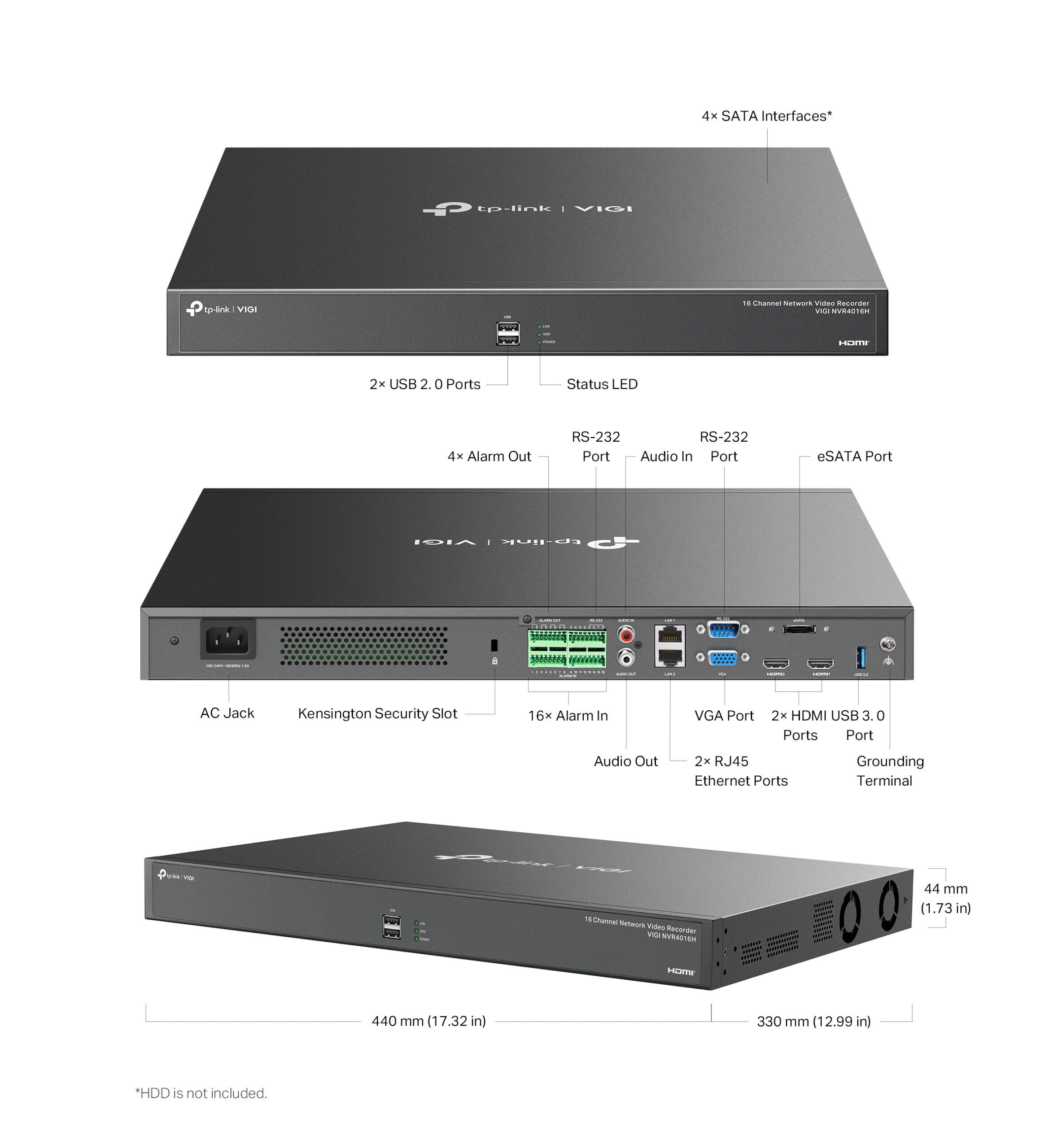 TP-Link VIGI NVR4016H 4K 1.5U 16-Channel Non-PoE Rackmount NVR - Without HDD - 2* GbE LAN Ports