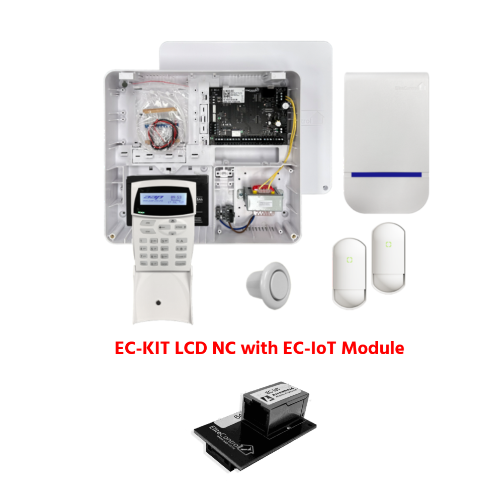 EliteAlarms EC-KIT LCD NC + EC-IoT - EC Security Alarm Control Kit - Includes 1 * EC Alarm Control Panel in Enclosed Plastc Cabinet (with PSU) + 1 * IoT IP Plug-On Module + 1 * LCD Keypad + 1* DM12-7.5 Battery + 1* PS209-R Flush Piezo Indoor Siren + 1* EC-Siren External Strobe Siren + 2* OPT-FLX-S-ST Pet-Immune PIRs