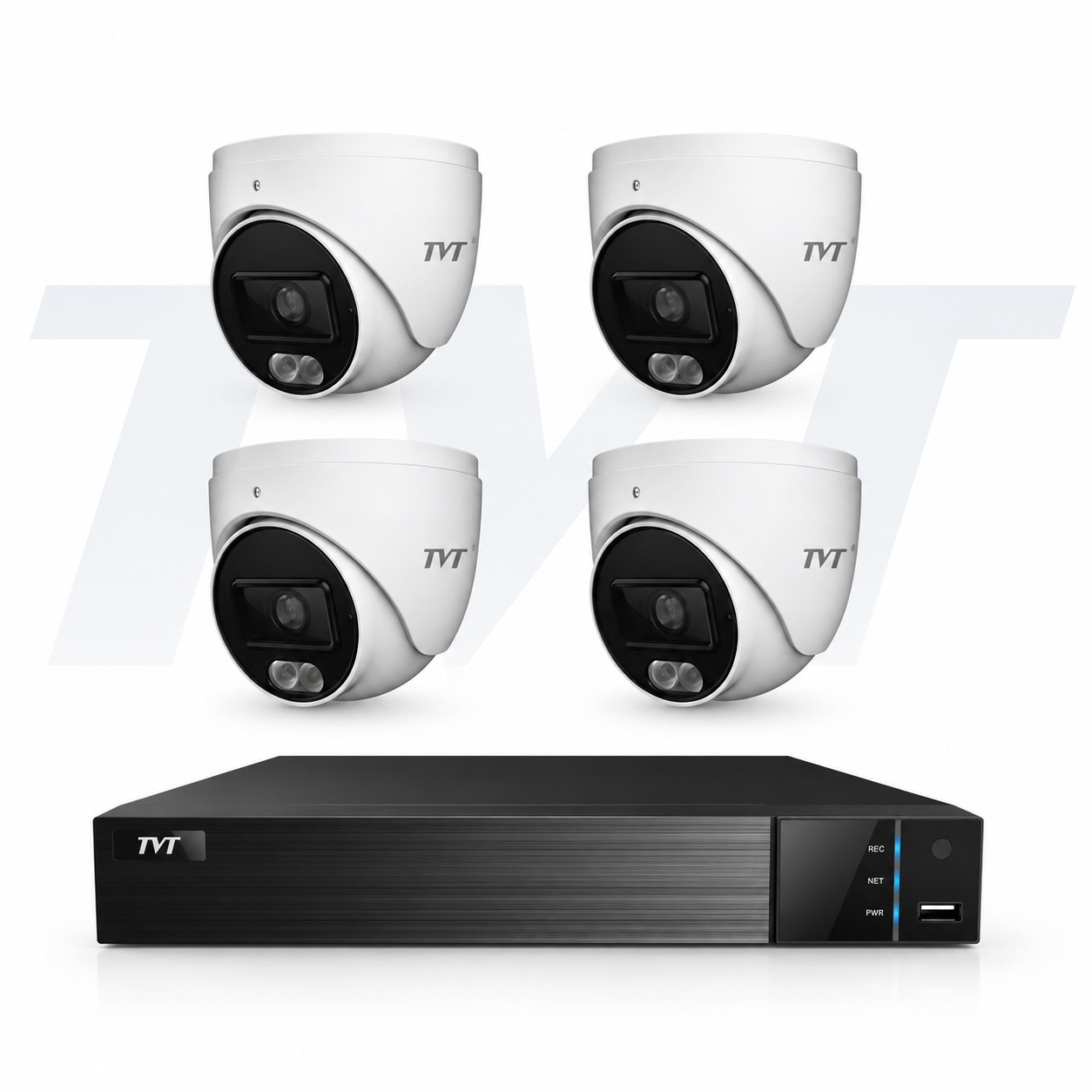 TVT TVT-2368NVR-4-KIT - Includes 1 * TD-3004H1-4P-B1-B NVR (with 2TB HDD) + 4 * TD-9524S4L-C 2MP Smart-Hybrid-Light (30m IR + 20m White-Light) Full-Colour IP Turret Cameras with Built-in Mic