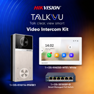 Hikvision TalkVu-Intercom-Kit-1 - Kit Inludes 1 * DS-KV6114-MWBE1 Outdoor Station + 1 * DS-KH6350-WTE1/White Indoor Monitor + 1 * DS-3E1505P-EI PoE Switch