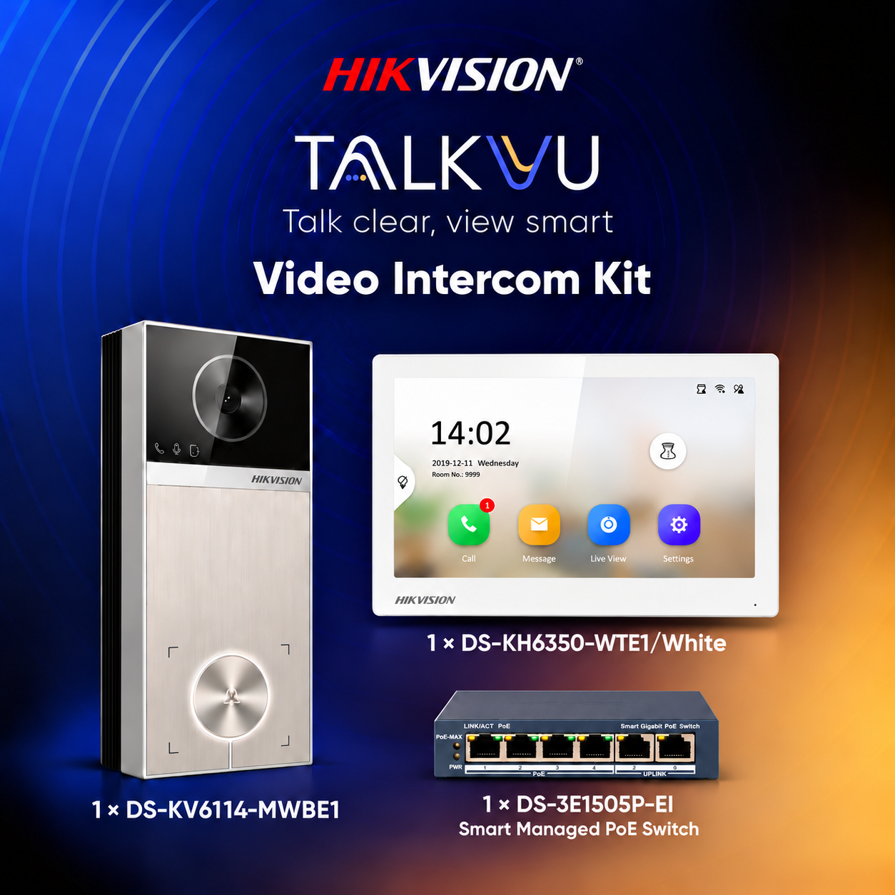 Hikvision TalkVu-Intercom-Kit-1 - Kit Inludes 1 * DS-KV6114-MWBE1 Outdoor Station + 1 * DS-KH6350-WTE1/White Indoor Monitor + 1 * DS-3E1505P-EI PoE Switch