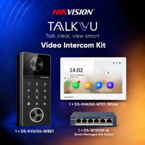 Hikvision TalkVu-Intercom-Kit-2 - Kit Inludes 1 * DS-KV6124-WBE1 Outdoor Station + 1 * DS-KH6350-WTE1/White Indoor Monitor + 1 * DS-3E1505P-EI PoE Switch