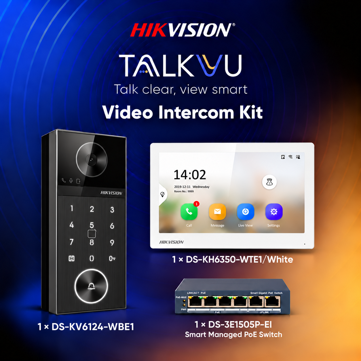 Hikvision TalkVu-Intercom-Kit-2 - Kit Inludes 1 * DS-KV6124-WBE1 Outdoor Station + 1 * DS-KH6350-WTE1/White Indoor Monitor + 1 * DS-3E1505P-EI PoE Switch