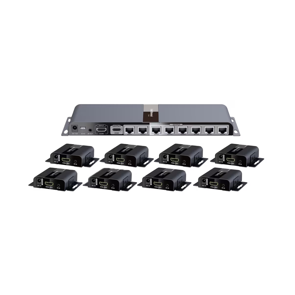 Lenkeng LKV718PRO 1-In-8-Out 1080P HDMI Extender Splitter Kit - Includes 1 * Transmitter + 8 * Receivers - Compatible with CAT6/6A/7 Cables - Up To 40m Distance