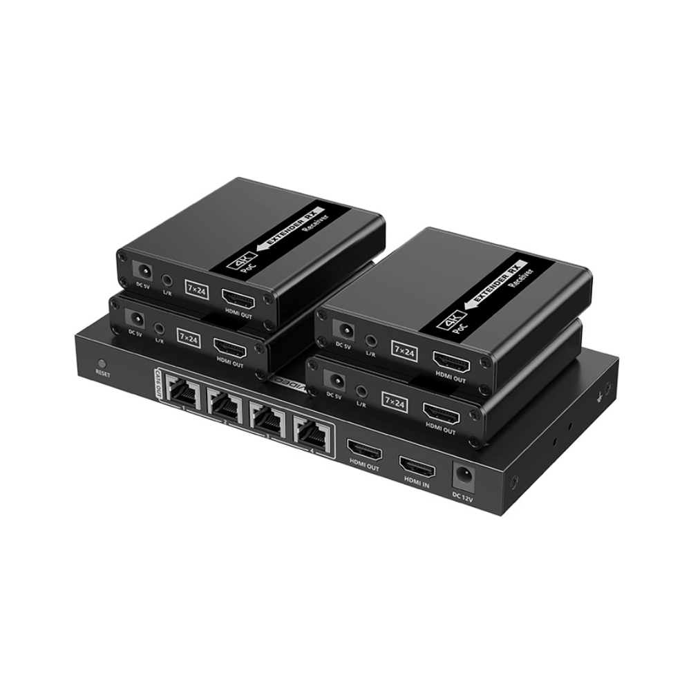 Lenkeng LKV724P 1-In-4-Out 4K @ 30Hz HDMI Extender Splitter Kit - Includes 1 * Transmitter + 4 * Receivers - Compatible with CAT6/6A/7 Cables - Up To 40m Distance (4K) / Up To 70m Distance (1080P)