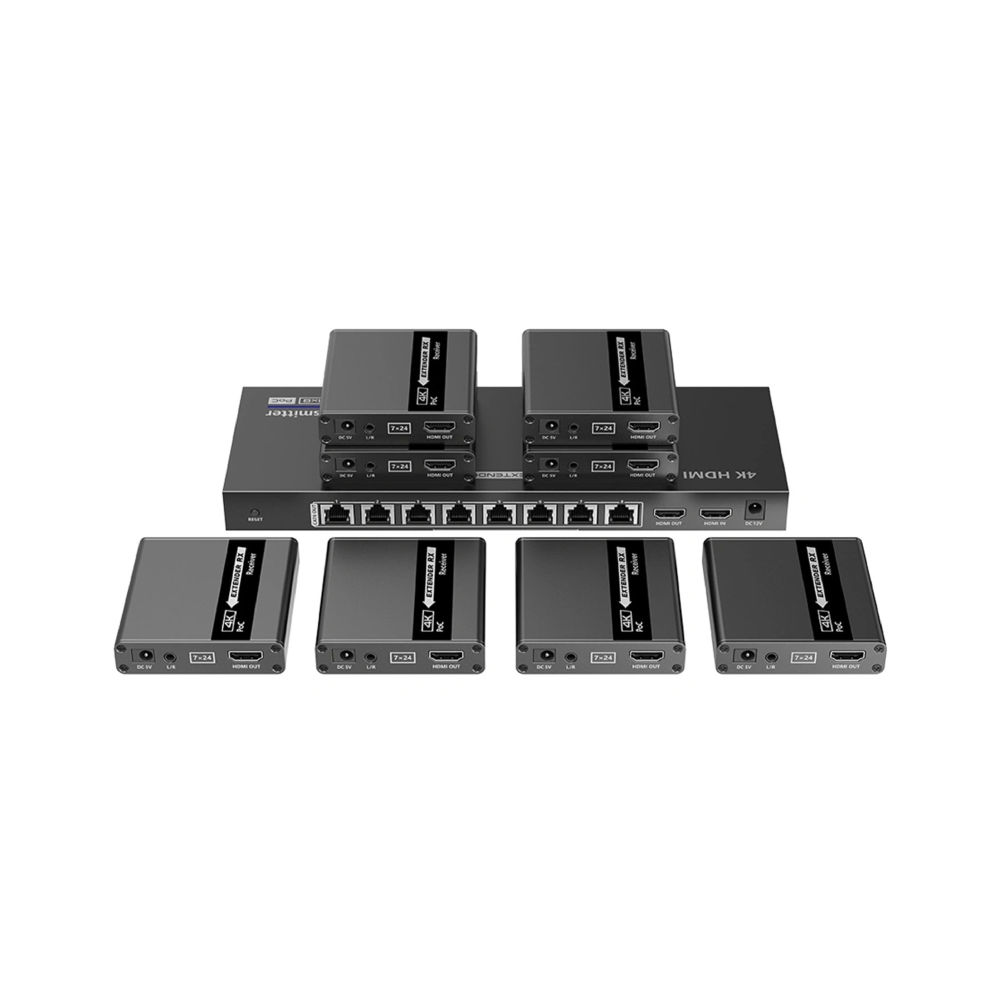 Lenkeng LKV728P 1-In-8-Out 4K @ 30Hz HDMI Extender Splitter Kit - Includes 1 * Transmitter + 8 * Receivers - Compatible with CAT6/6A/7 Cables - Up To 40m Distance (4K) / Up To 70m Distance (1080P)