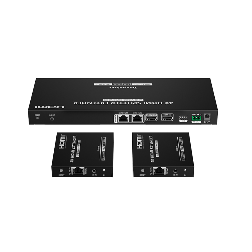 Lenkeng LKV822P-N 1-In-2-Out 4K @ 60Hz HDMI Extender Splitter Kit - Includes 1 * Transmitter + 2 * Receivers - Compatible with CAT6/6A/7 Cables - Up To 70m Distance