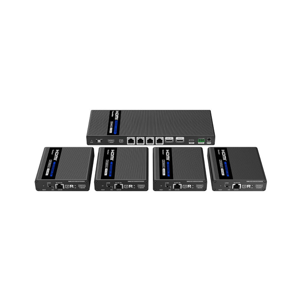 Lenkeng LKV824P-N 1-In-4-Out 4K @ 60Hz HDMI Extender Splitter Kit - Includes 1 * Transmitter + 4 * Receivers - Compatible with CAT6/6A/7 Cables - Up To 70m Distance
